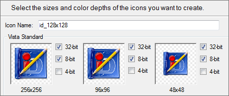 IconDeveloper UI - Select the sizes and color depths of the icons you want to create.